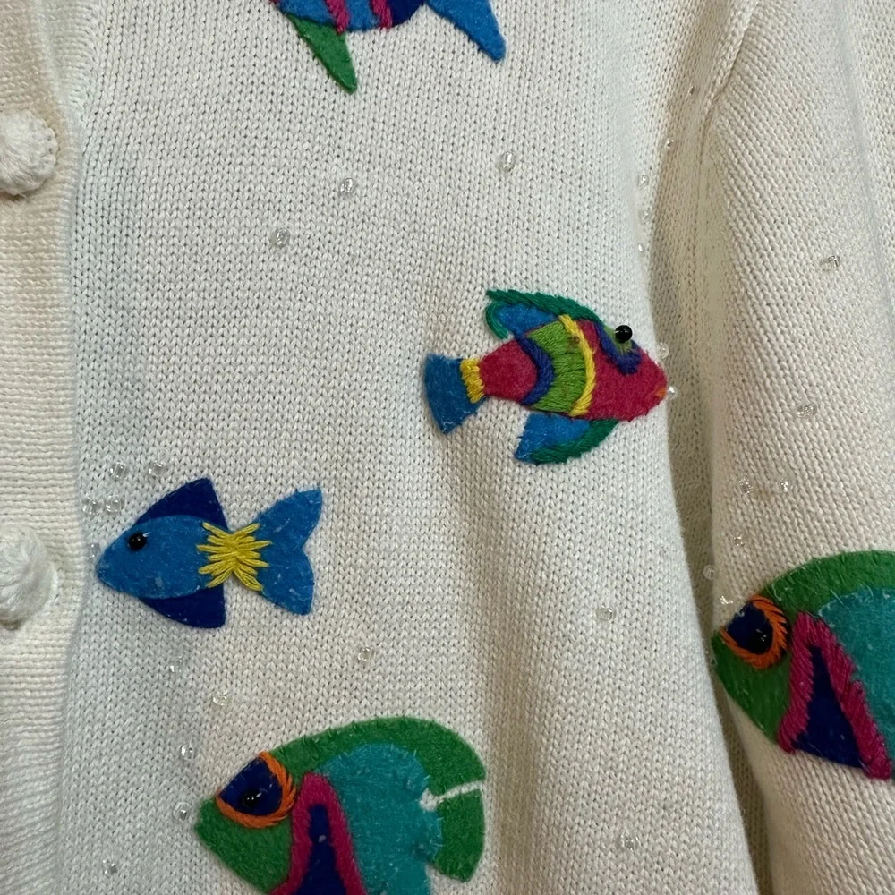 Vintage 90’s Talbots Colorful Fish Cardigan Knit Sweater Size Medium - Picture 4 of 11